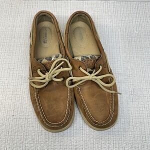 SPERRY Top-Sider Boat Shoes Leopard Sequins Brown Leather Casual Shoes‎ 8M